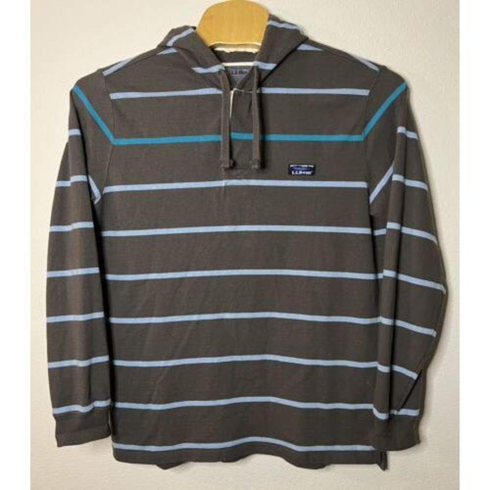 Men's LL‎ Bean Traditional Fit Striped Grey/Blue Hoodie Sweatshirt Size Large